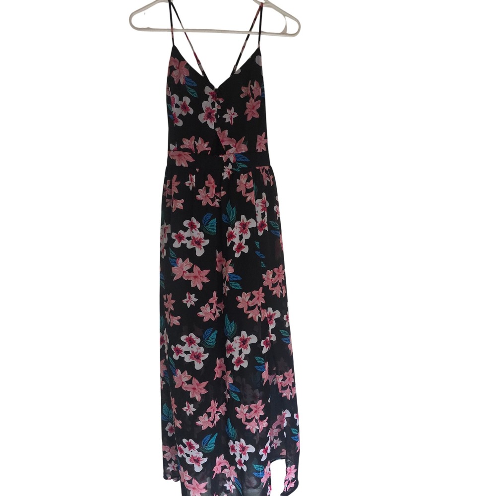 Candies Floral Maxi Dress Black Pink Hibiscus Print Coquette Smocked Back Size M